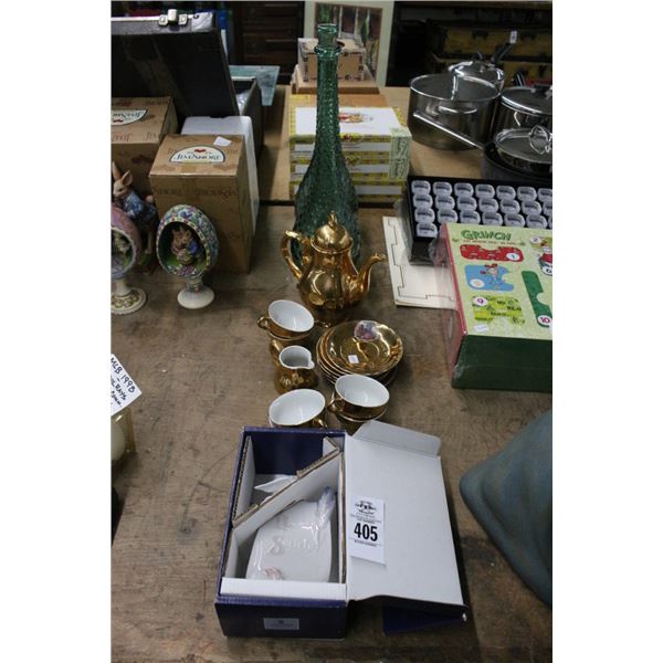 Lladro Society Sign, Gold Dishes, Green Glass Vases