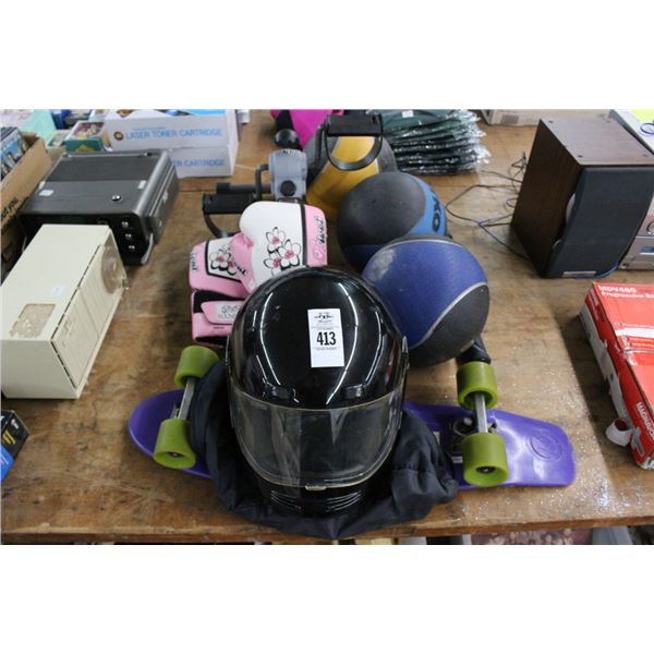 Skateboard, Weighted Ball, Pedal Exerciser, M/C Helmet