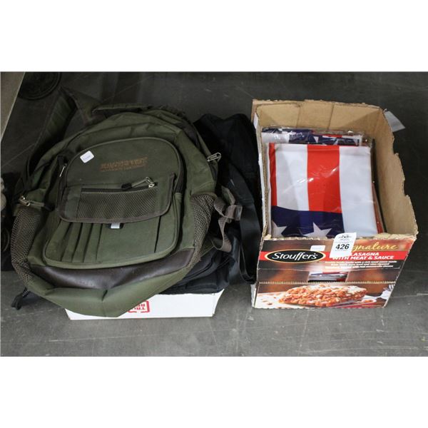Box of American Flags, 3 Backpacks