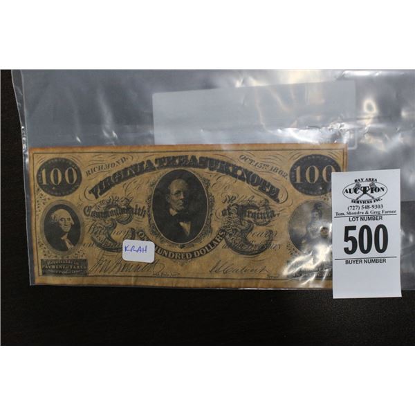 Virginia Treasury $100  Note