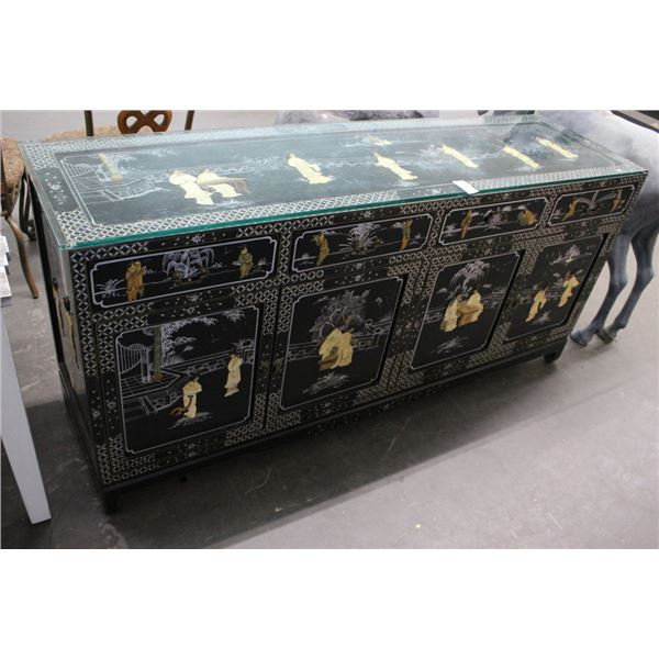 Oriental Mop Figural Motif Server Cabinet w/Glasstop