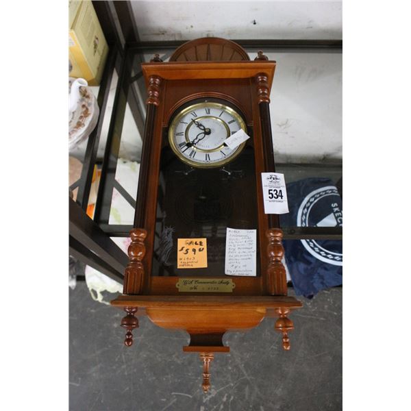 Centennial US Society Commemorative Pendulum Wall Clock