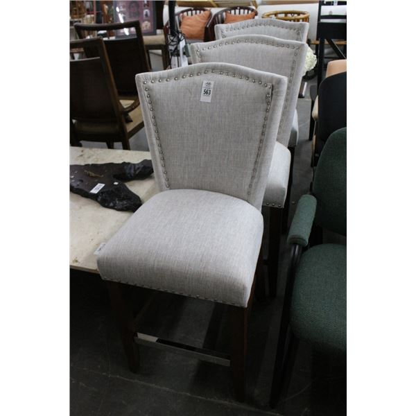 Cherry Base Grey Padded Stud Trim Counter Bar Stools - Set of 3