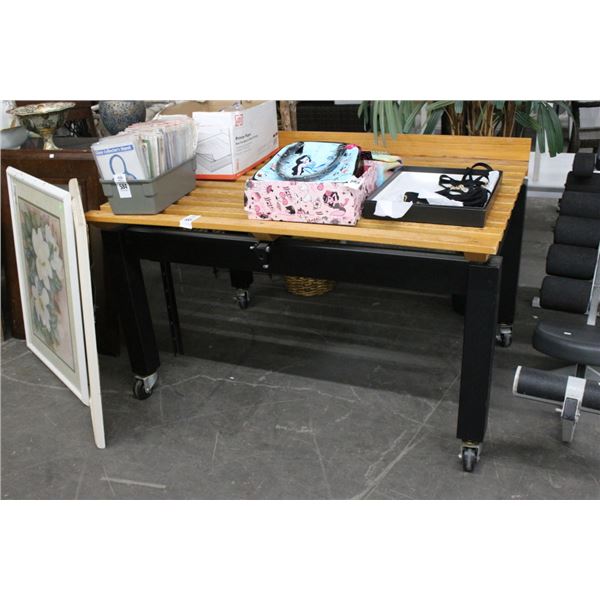 Metal Base Wood Top Rolling Produce Display Table