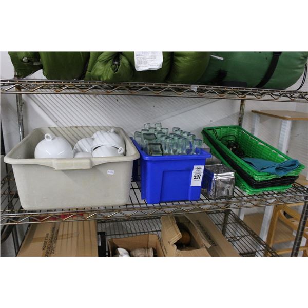 White Porcelain Food Covers, Glass Bottles, Containers, Baskets on Shelf