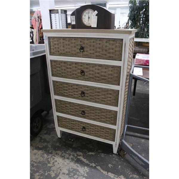 White Wicker Trim 5 Drawer Chest