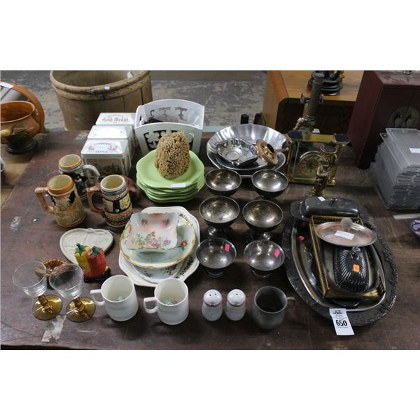 Steins, Silverplate, Mantle Clock, Vintage Microscope, Dishes, Décor