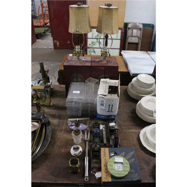 Vintage Hand Planes, Flint Lighters, Oriental Cabinet Lamps, Plexi Glass Stands w/Finials