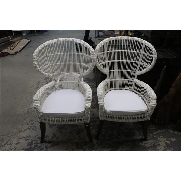 Plastic Wicker Padded Wingback Chairs - Pair