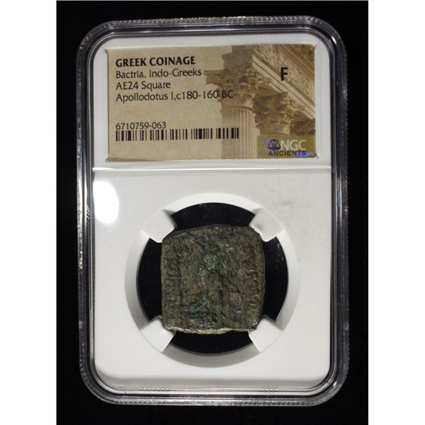 APOLLODOTUS I c.180-160 BC AE24 SQUARE NGC F
