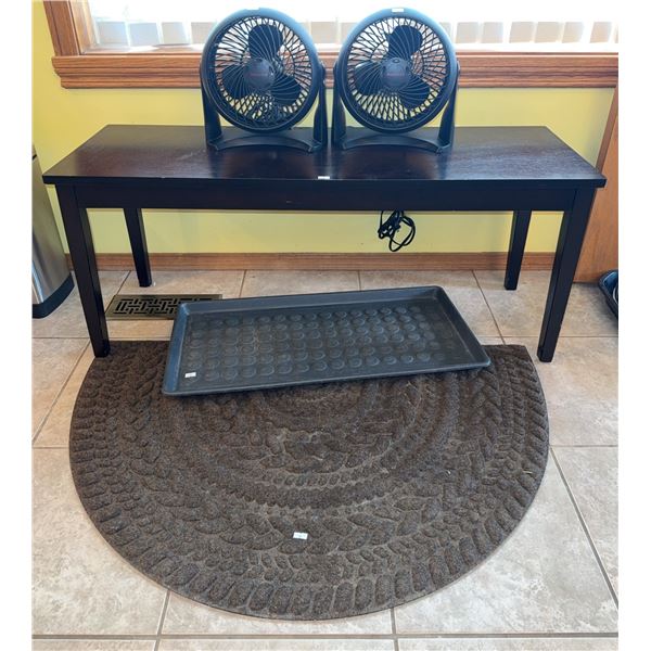 Rectangular Wood Table, Two Honeywell Fans, Rubber Boot Tray, Doormat