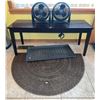 Image 1 : Rectangular Wood Table, Two Honeywell Fans, Rubber Boot Tray, Doormat