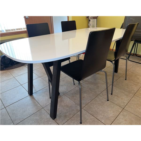 Modern White Rectangular Dining Table With Four Black Chairs