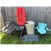 Image 1 : Outdoor Utility Lot With Sled, Chairs, Bins, and Fencing