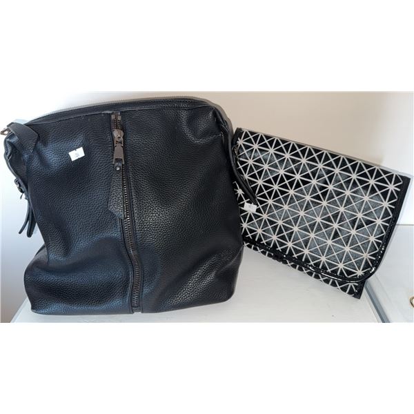 Black Faux Leather Backpack and Black-White Geometric Clutch