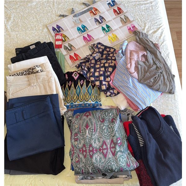 Women's Clothing Lot Including Pants, Blouses, and Sweaters size s-m