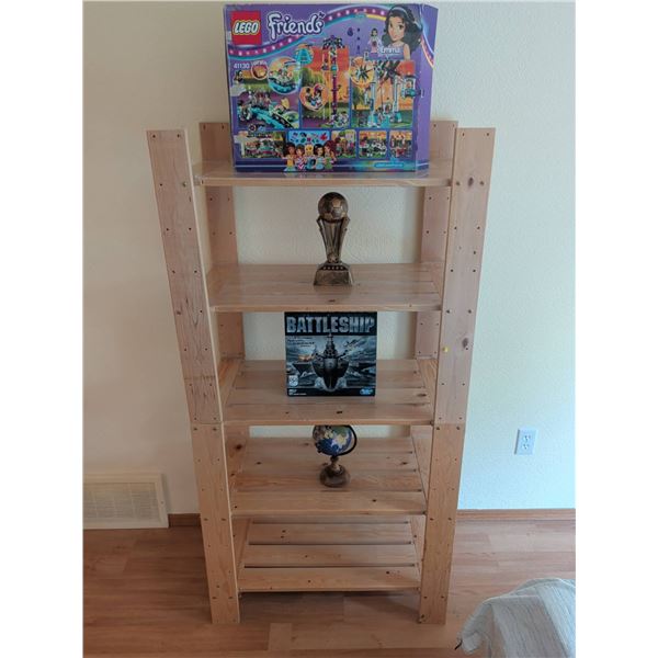 Wooden Shelf with LEGO Friends 41130, Battleship Game, Soccer Trophy, and Globe