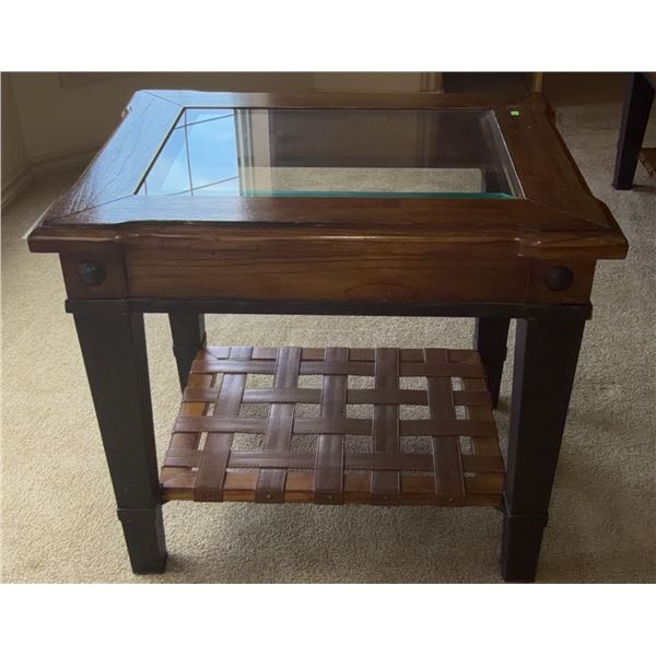 Wood and Glass End Table with Leather Strap Shelf