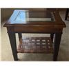 Image 1 : Wood and Glass End Table with Leather Strap Shelf