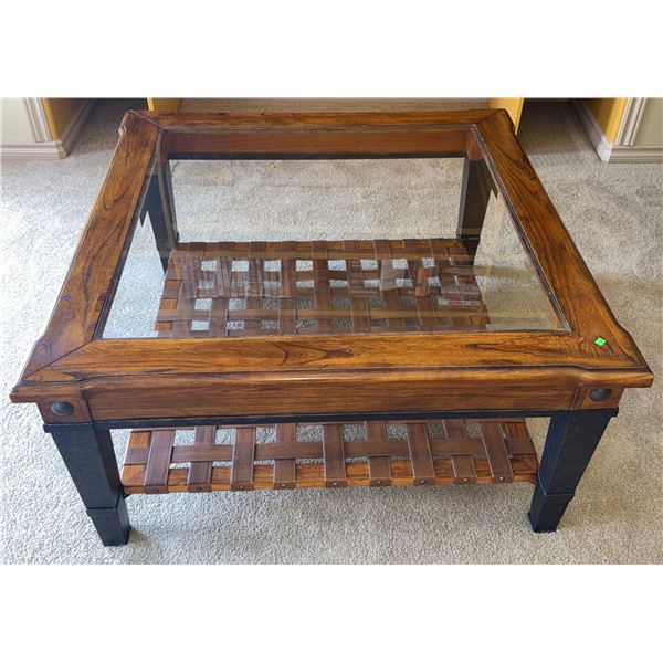 Square Wood and Glass Coffee Table With Leather Strap Shelf