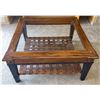 Image 1 : Square Wood and Glass Coffee Table With Leather Strap Shelf