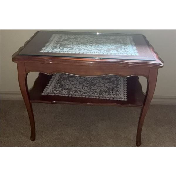 Wooden Side Table with Glass Top and Lower Shelf