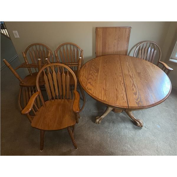 Oak Pedestal Dining Table with Four Windsor Armchairs and Leaf