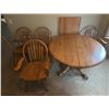 Image 1 : Oak Pedestal Dining Table with Four Windsor Armchairs and Leaf