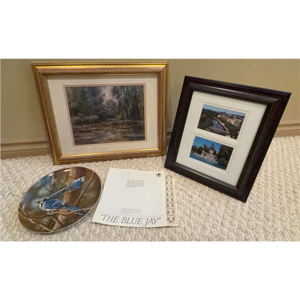 Decorative Art Lot: Framed Landscape, Framed Postcards, Blue Jay Plate