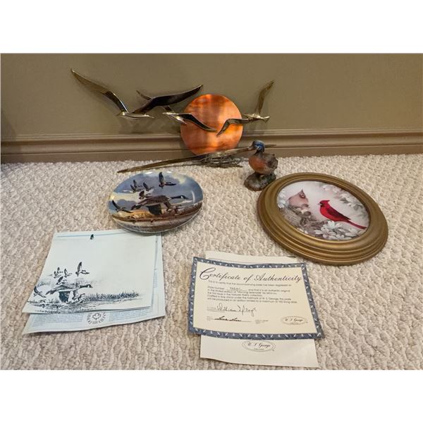 Bird Collectibles Lot: Art Plate, Wall Art, and Wood Duck Figurine