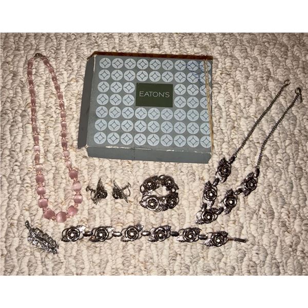 Eaton's Boxed Jewellery Set with Floral Silver Tone Pieces and Pink Bead Necklace