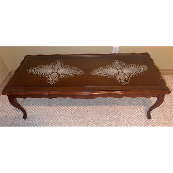 Wooden Coffee Table with Glass Top and Lace Inserts
