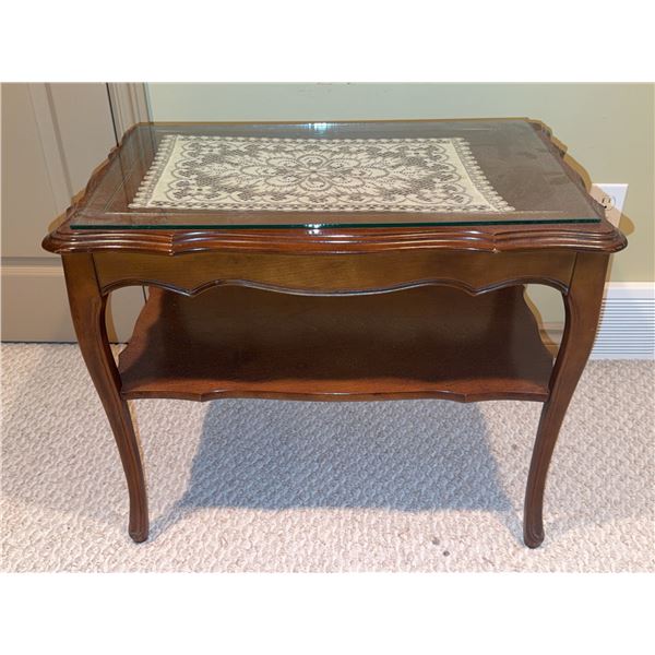 Wood Side Table with Glass Top and Shelf