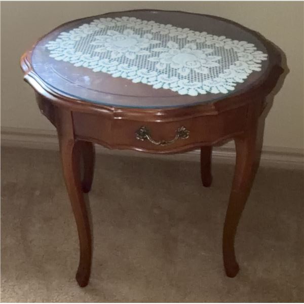 Round Wooden Side Table with Glass Top and Drawer