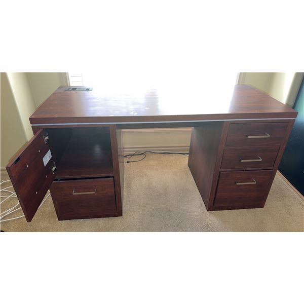 Dark Wood Laminate Double Pedestal Desk With Storage Drawers