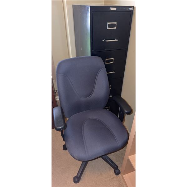 Black Office Chair and 4-Drawer Filing Cabinet