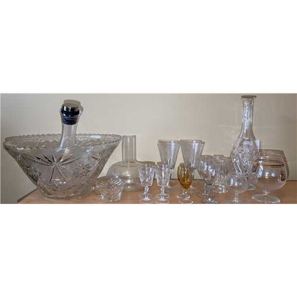Cut Glass Punch Bowl Set with 11 Glasses, Decanters, and Drinkware