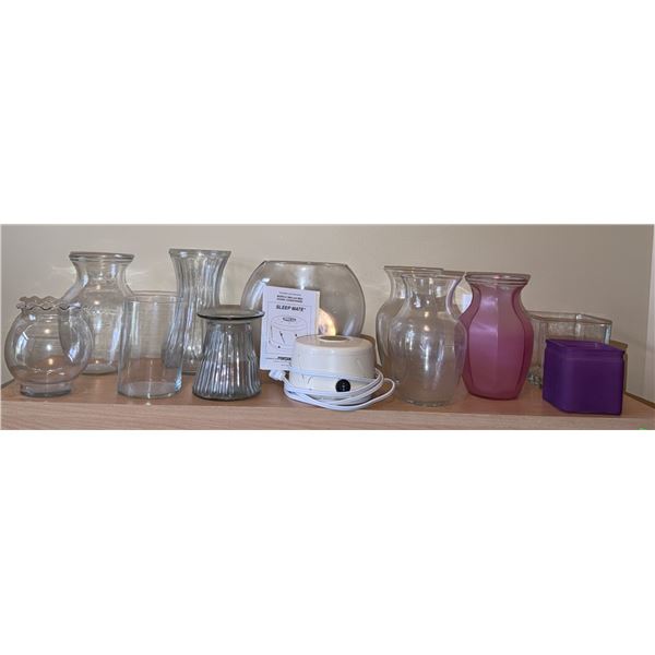 Clear and Coloured Glass Vases with Sleep Mate White Noise Machine