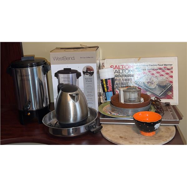 WestBend 30-Cup Coffee Urn, Kettle, Salton Food Warmer, Kitchenware Lot
