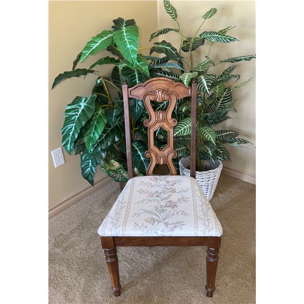 Wooden Side Chair With Upholstered Seat and Carved Backrest
