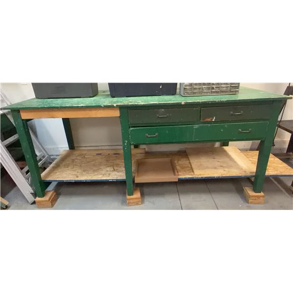 Two Green Wooden Workbenches Without Contents