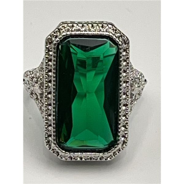 Silver Filagree Style 2.3 Carat Emerald Cut Stone Ring size 7