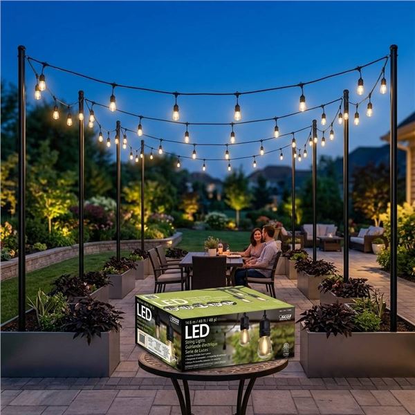 FEIT Electric 48ft LED String Lights with 9ft String Light Poles 2-pack