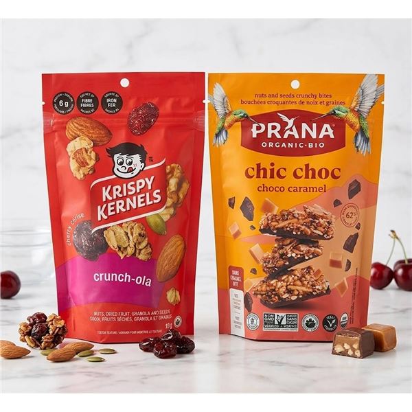 Krispy Kernels Crunch-ola and Prana Chic Choc 7 share sized bags