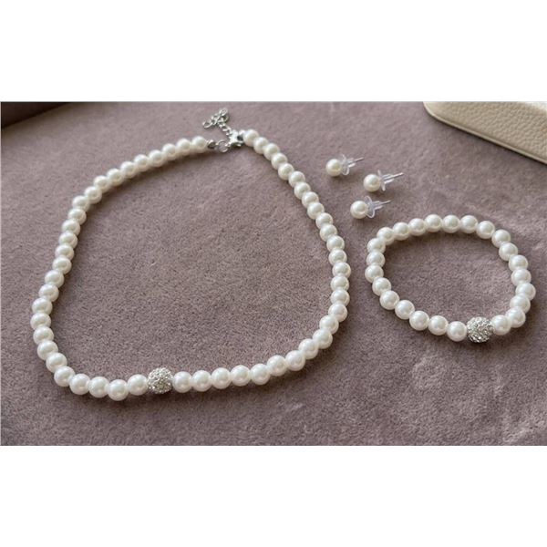 Faux Pearl Necklace, Bracelet, and Earrings