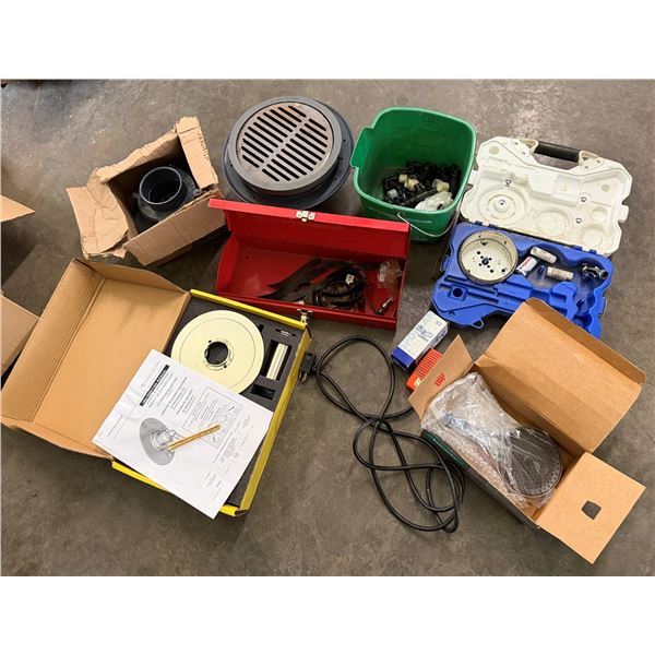 Misc Plumbing Items: Hole Saw, Drain Cover, Shower Fixture, Toolboxes, Hardware, etc