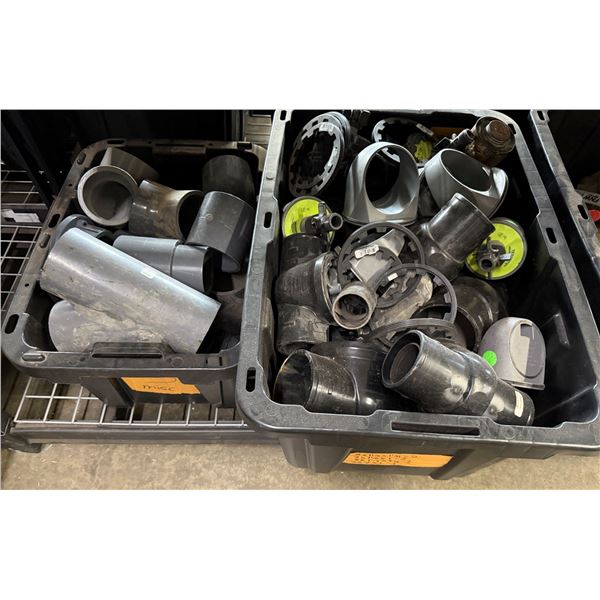 Qty 2 Bins Pipe Fittings, Reducing T's, Y's, Connectors, Clamps, etc