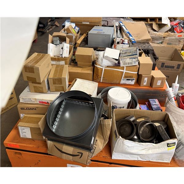 Contents of Pallet: Battery Boxes, Clamps, Gauges, Fittings,