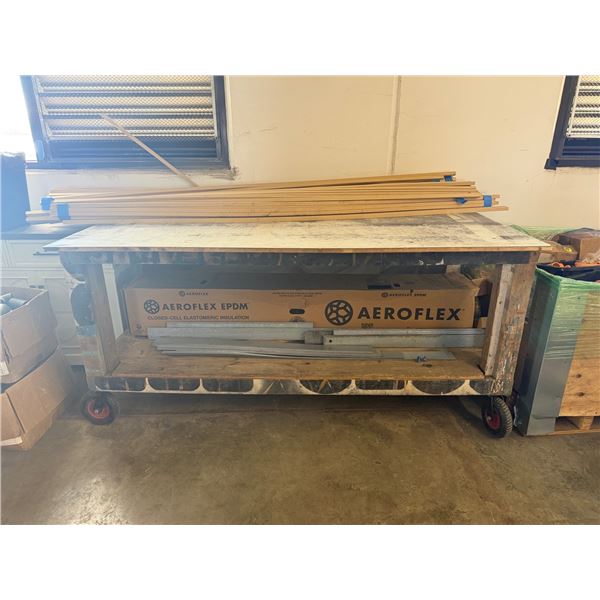Wooden Rolling Table 81" x 42" x 40"H & Contents: Misc Lumber, Insulation, etc