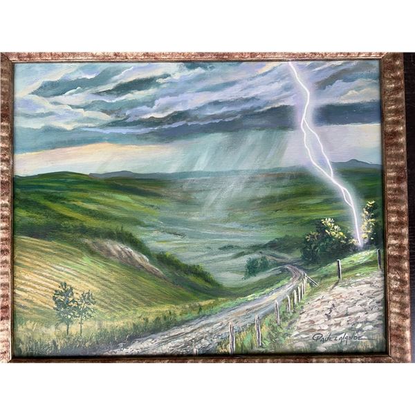 Paul Lalande Signed Landscape Painting with Lightning, Framed 21.5x17.5"